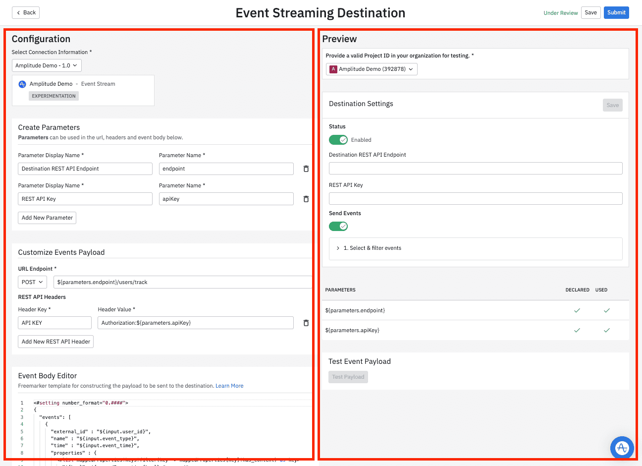 Creating and configuring event streaming in Amplitude (source: Amplitude)
