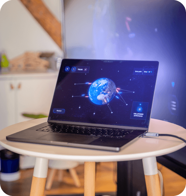 Computer screen showing the Earth and a satellite network